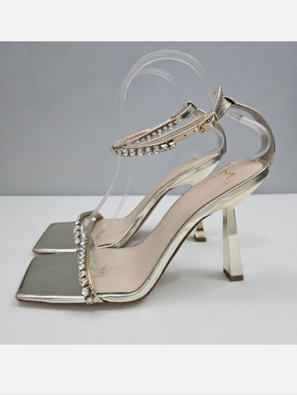 Marc Fisher Karima Rhinestone Heel Sandal 9 Metallic Gold Leather Ankle Strap